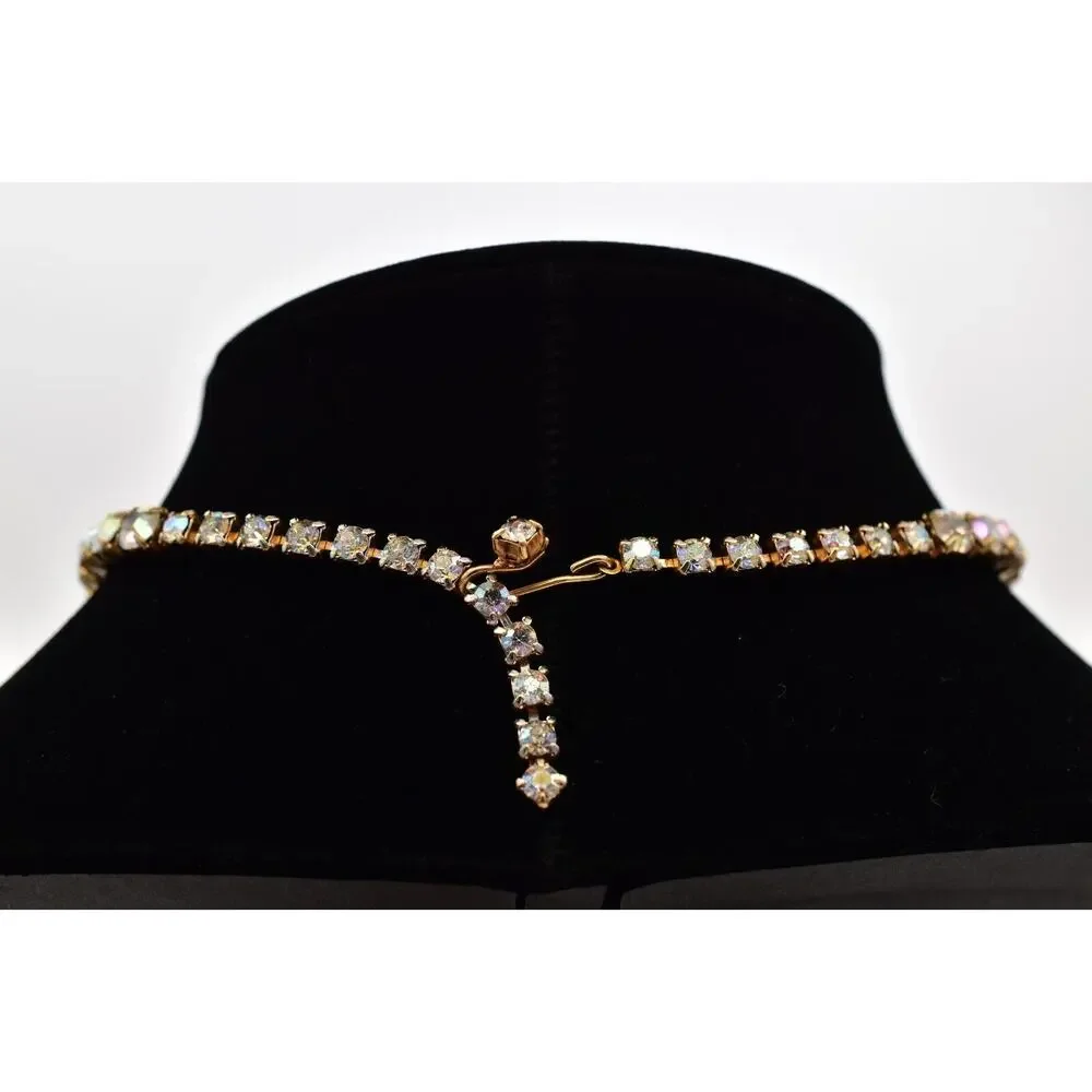 Vintage Crystal Choker Necklace Aurora Borealis Round Prong Rhinestone 80s BinBL